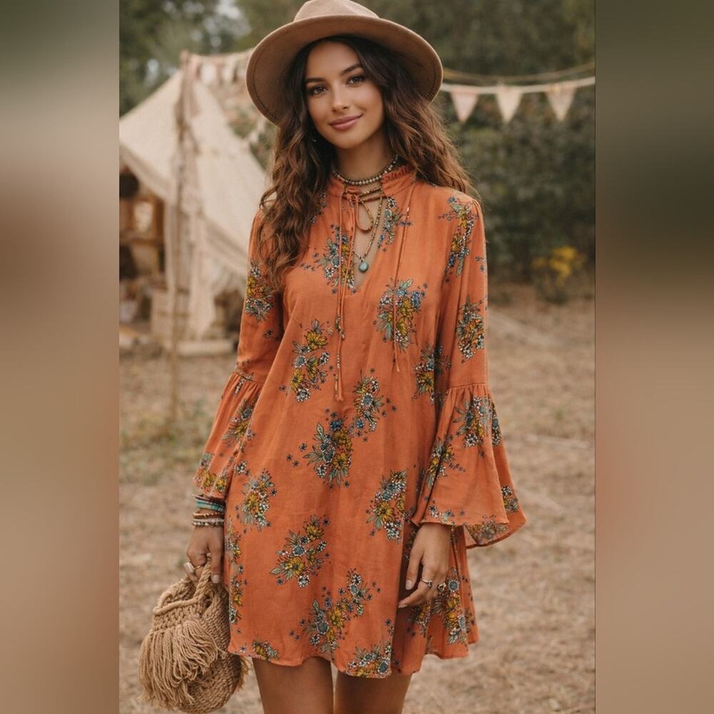 Wanderlux Floral Print Bohemiam Bell Sleeve Mini Dress Sz L #1498